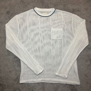 Aime Leon Dore Knit Sweater Men XL White Mesh Long Sleeve Pocket Crew Neck